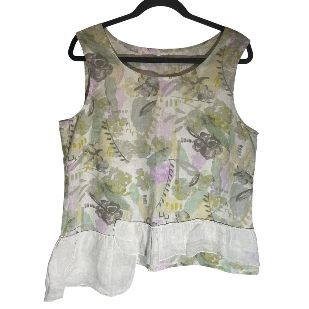 Click by Color Me Cotton L Made in USA Linen Floral Asymmetrical Peplum Tank